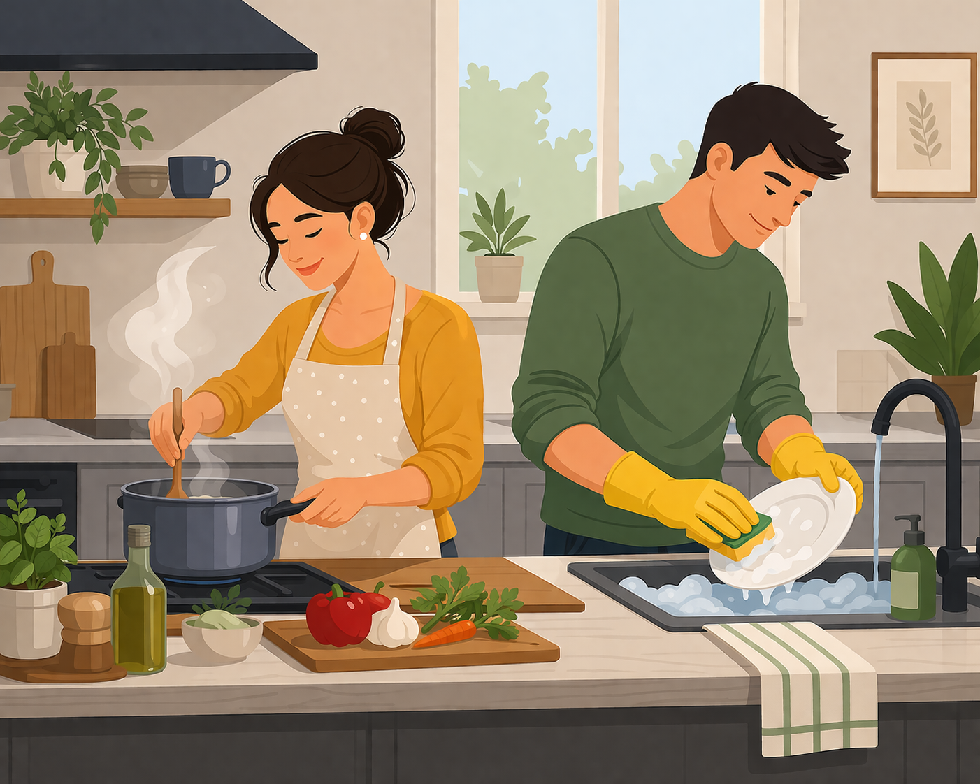 Cozy kitchen teamwork at home